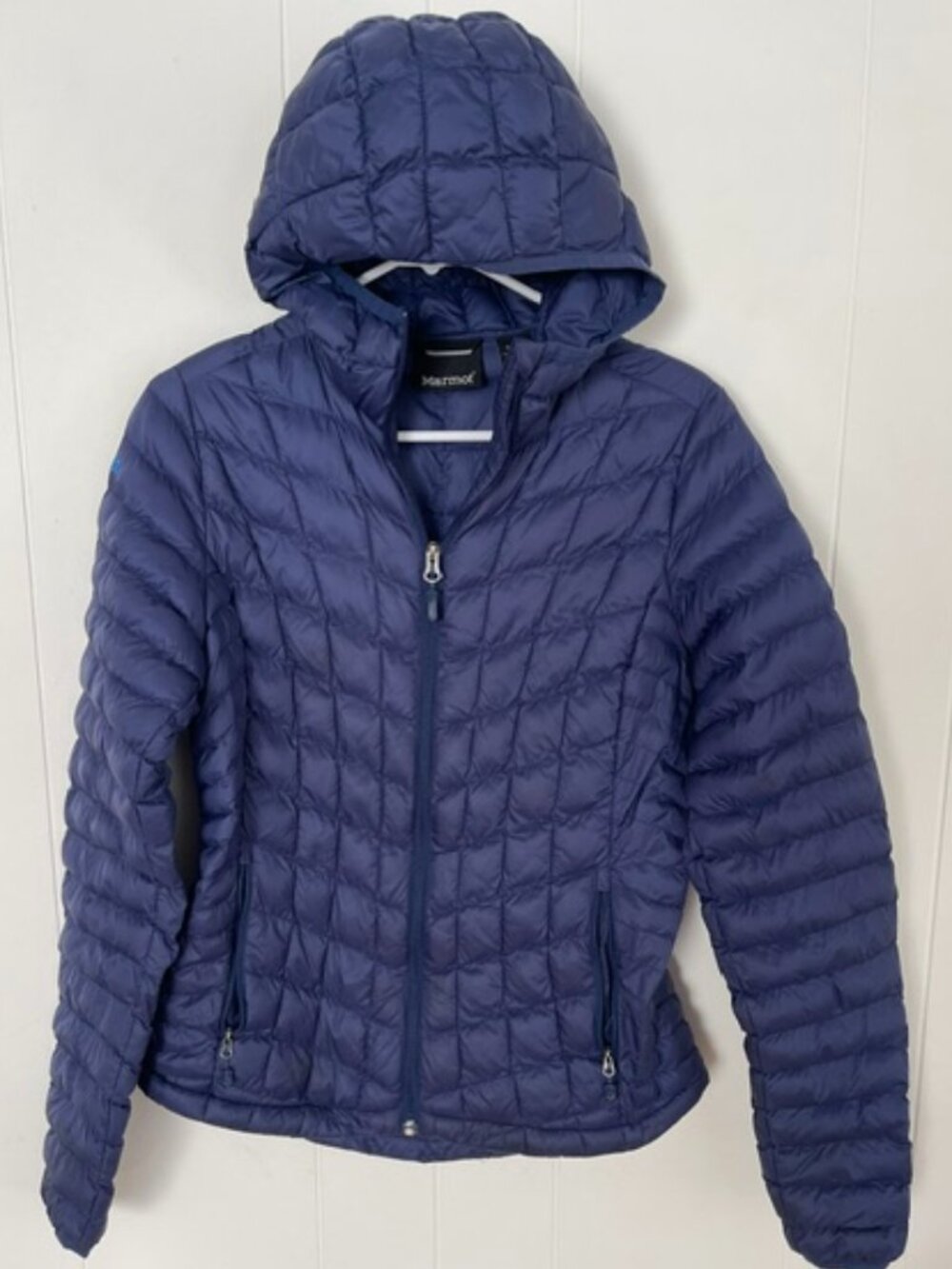 EUC Marmot Echo Featherless 3M Insulated Hooded Puffer Jacket Navy Blue Sz Small